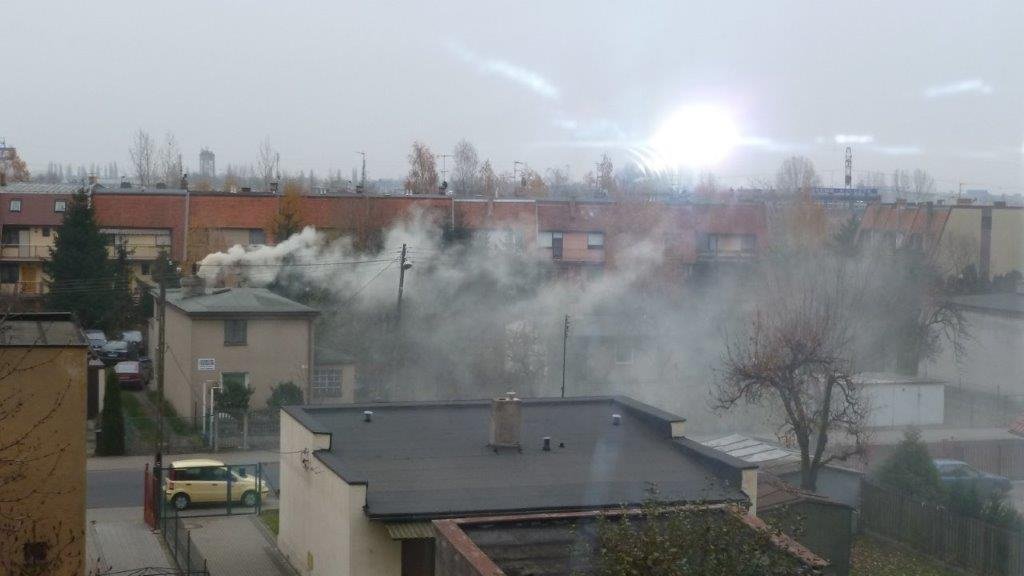 Na zdjęciu poznańskie osiedle, z kominów domów jednorodzinnych wydobywa się dym