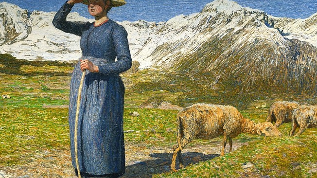 Plakat przedstawia dzieło mistrza. Obraz kobiety na tle gór, obok znajdują się owce.