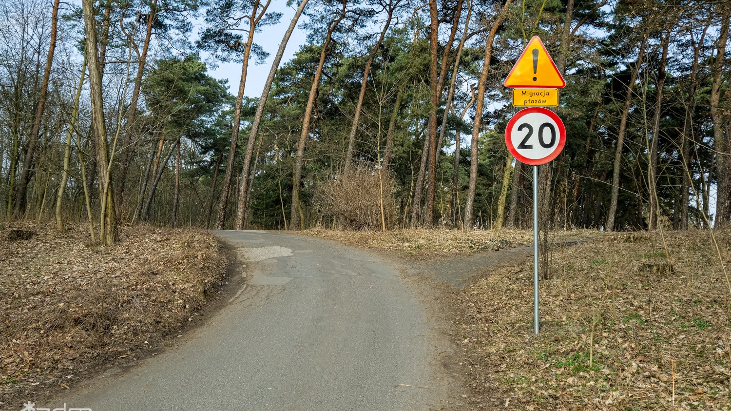 Zdjęcie przedstawia znak drogowy oraz polną drogę.