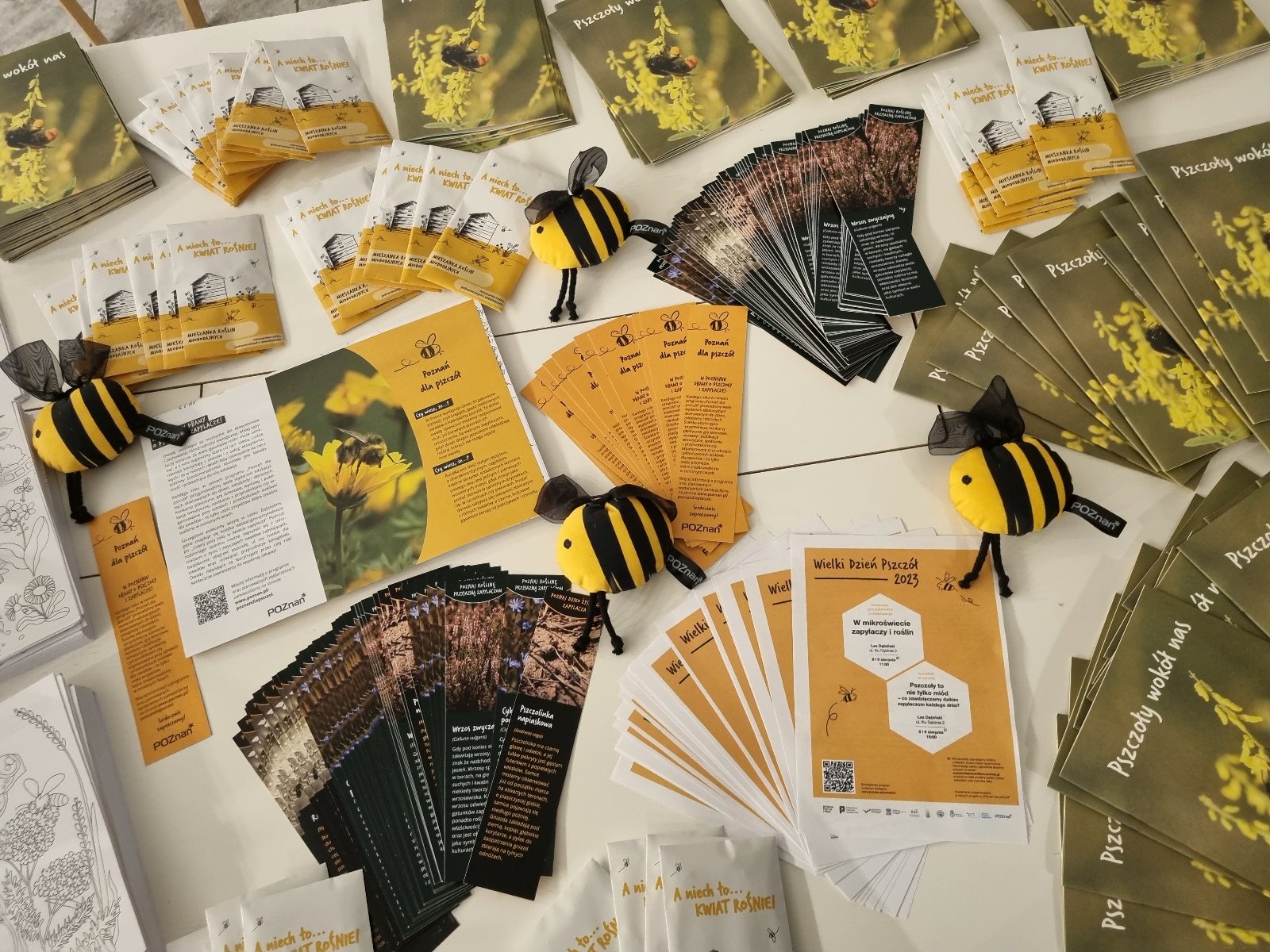 Zdjęcie przedstawia materiały edukacyjne poświęcone pszczołom, np. ulotki, zakładki do książek czy maskotki. - grafika artykułu