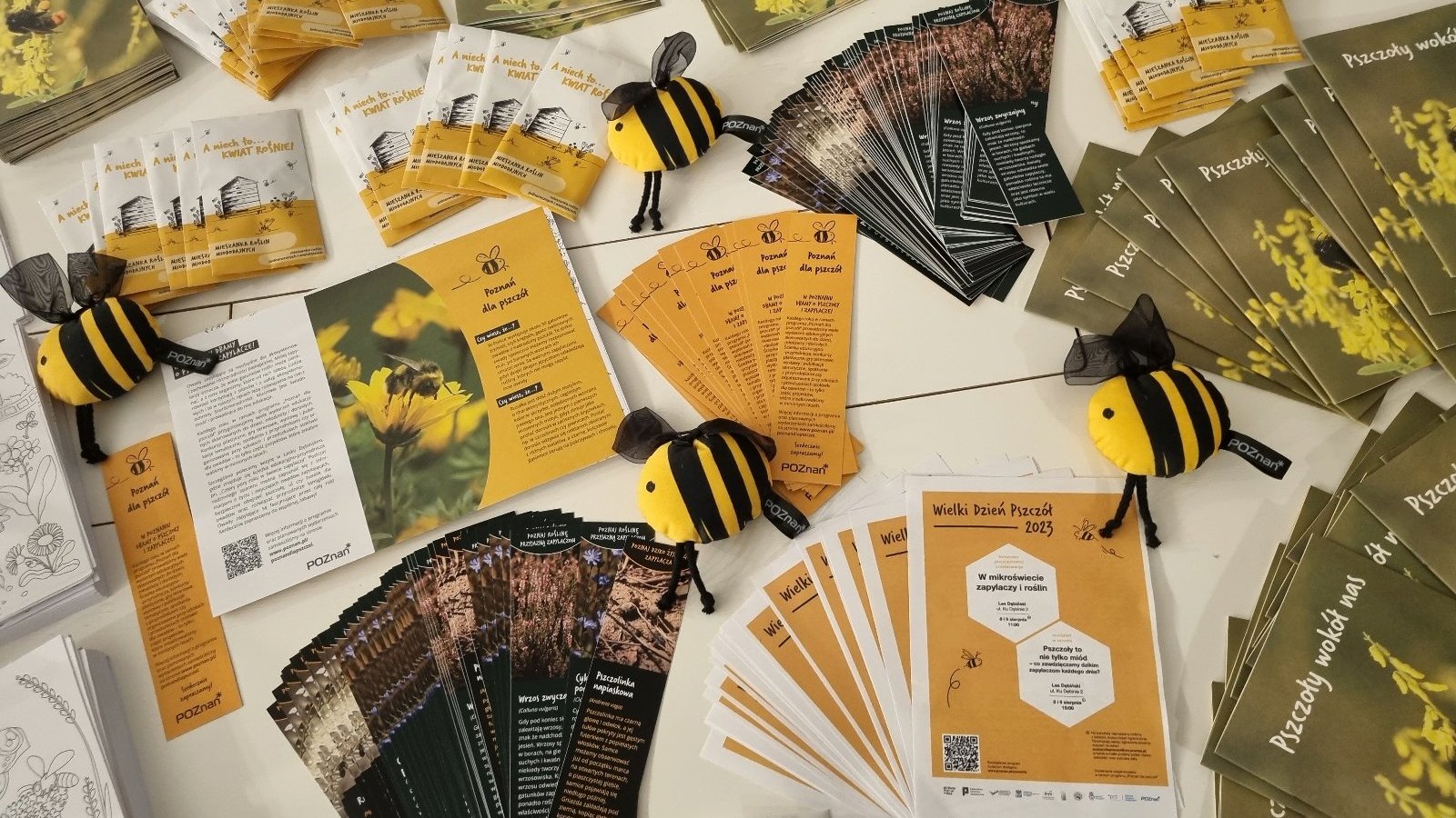 Zdjęcie przedstawia materiały edukacyjne poświęcone pszczołom, np. ulotki, zakładki do książek czy maskotki.