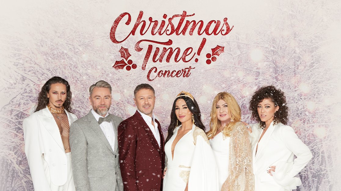 Plakat z napisem "Christmas Time! Concert" i zdjęciem świątecznie wystrojonych artystów