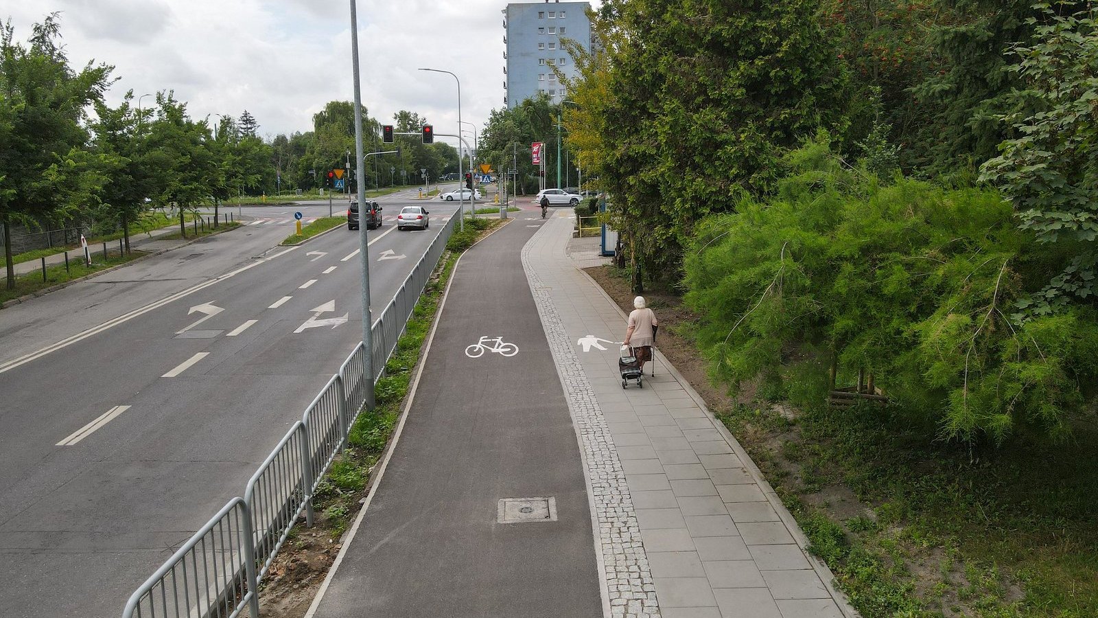 Widok na drogę rowerową i chodnik wzdłuż ul. Dmowskiego