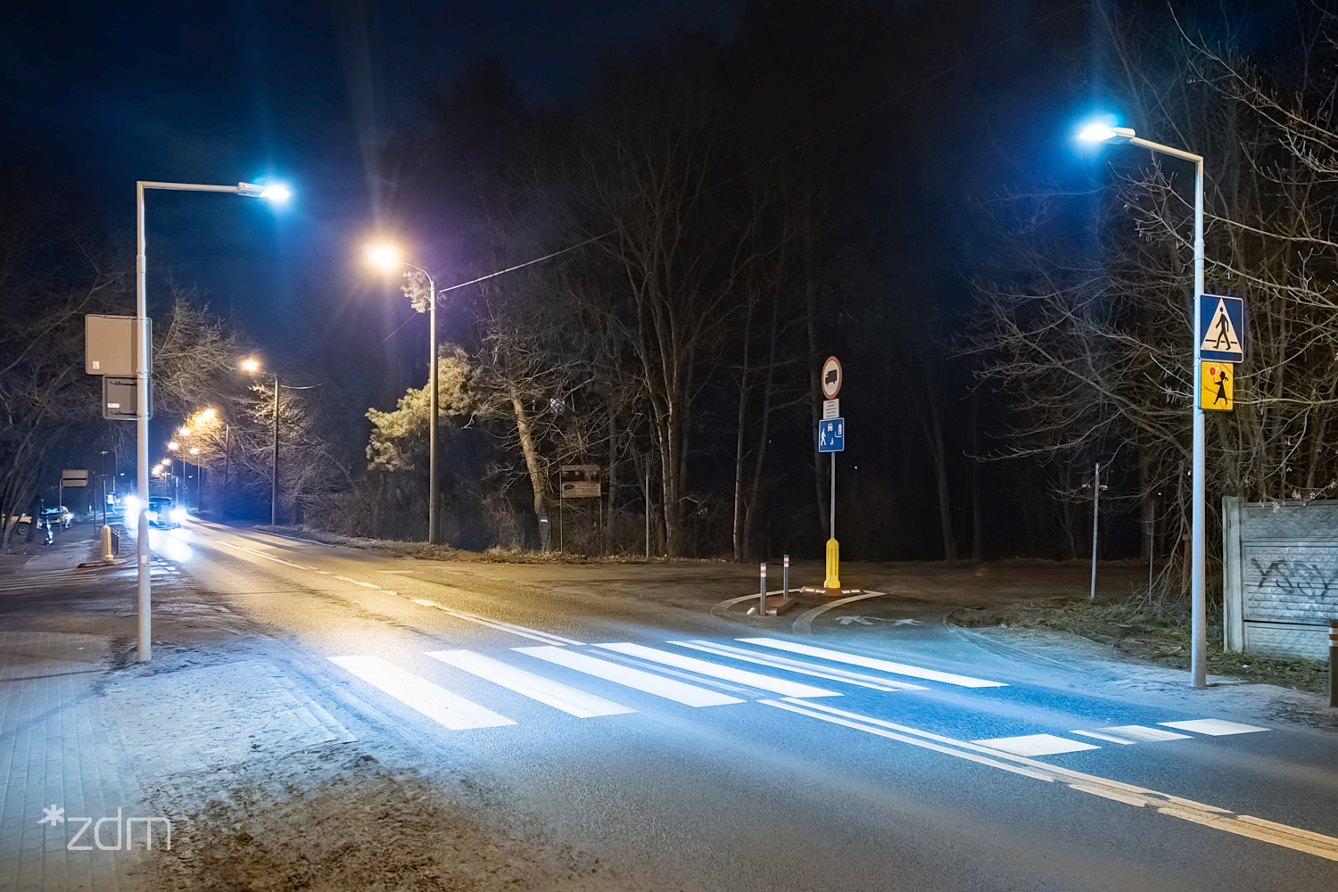 Zdjęcie nocą oświetlonego przejścia dla pieszych - grafika artykułu