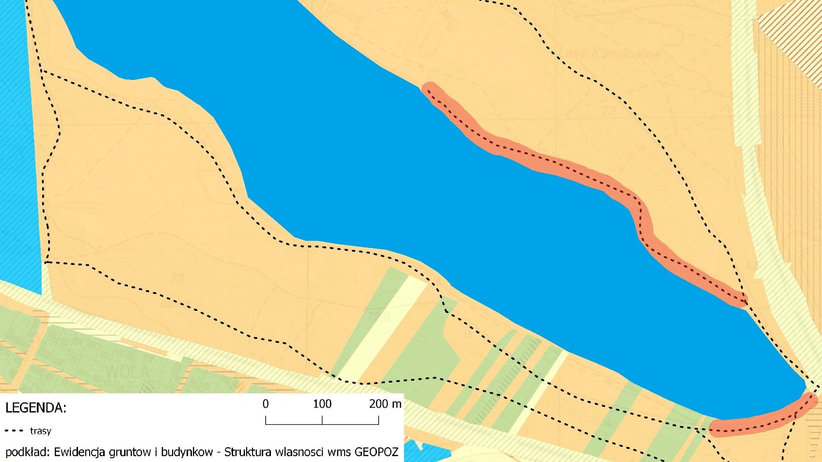 Mapka przedstawiająca teren wokół jeziora.