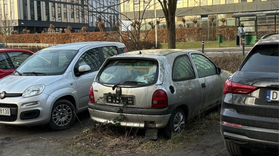 Zdjęcie przedstawia rząd zaparkowanych samochodów. Wśród nich widać jeden zniczony wrak.