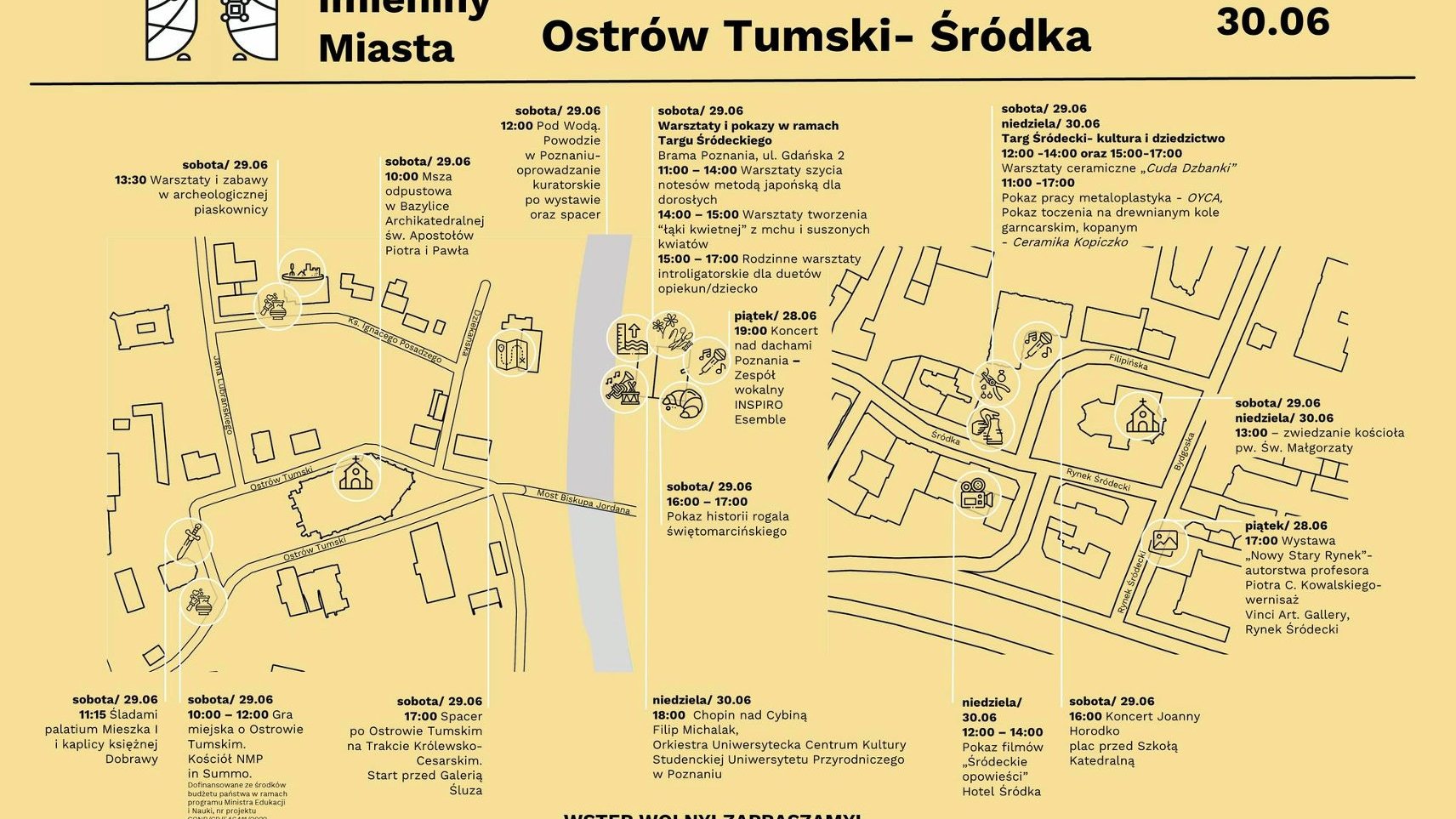 Na żółtym tle ikonografika mapy, na której zaznaczono wydarzenia, które odbędą się w ramach Imienin Miasta.