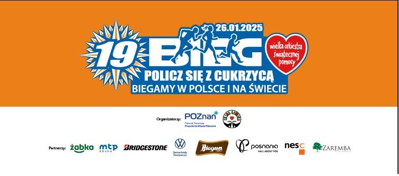 Logotyp 19. biegu "Policz się z cukrzycą" - biało-niebieski tytuł biegu wraz z datą i jego numerem oraz logiem Wielkiej Orkiestry Świątecznej Pomocy, zaś poniżej wymienieni sponsorzy - grafika artykułu