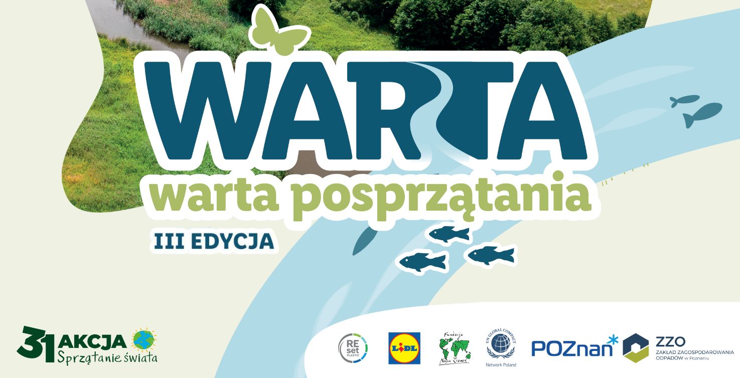 Grafika informuje o trzeciej edycji akcji sprzątania Warty. Rysunek przedstawia schemat rzeki, trzy ryby, na dole są logotypy organoizatorów - grafika artykułu