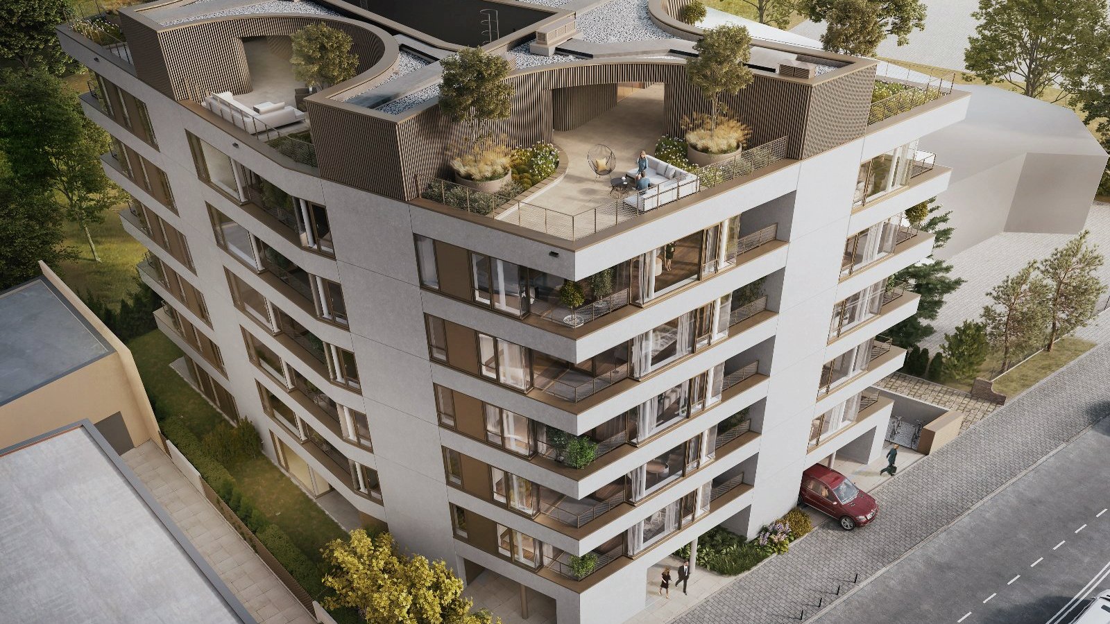 The picture shows the Pułaskiego 19 investment from above. You can see the roof of the investment, which serves as a balcony. There are trees all around, the street is visible at the bottom of the visualisation.