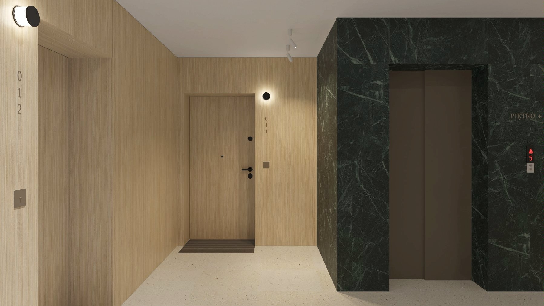 The image shows a visualisation of the lift inside the Pulaskiego 19 investment.