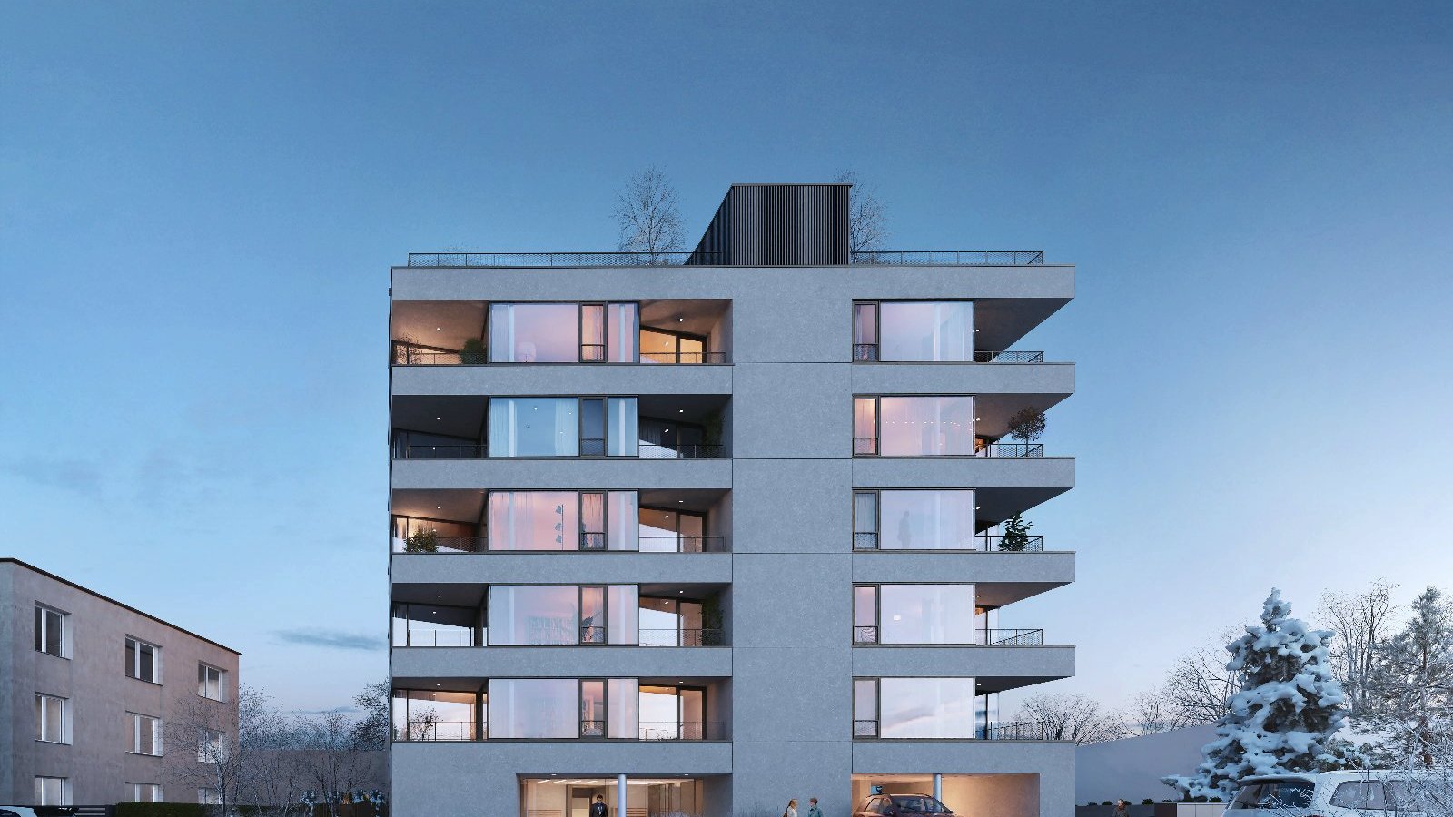 The image shows a visualisation of the Pulaski 19 residential block during winter.