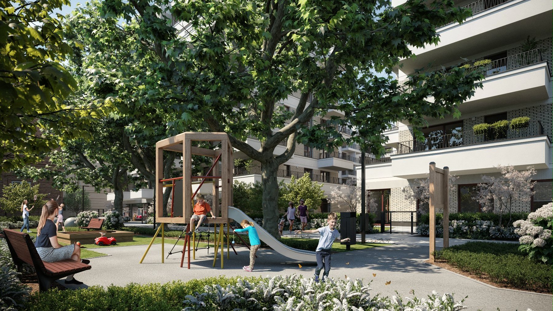 The image shows a visualisation of the playground at the Modena development. A green tree grows in the middle, with children playing all around.