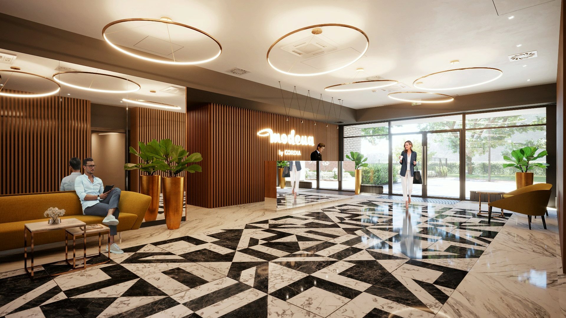 The image shows a visualisation of the main lobby inside the Modena development. In the lobby there is a reception desk with staff. Next to it, a man is sitting on a sofa.
