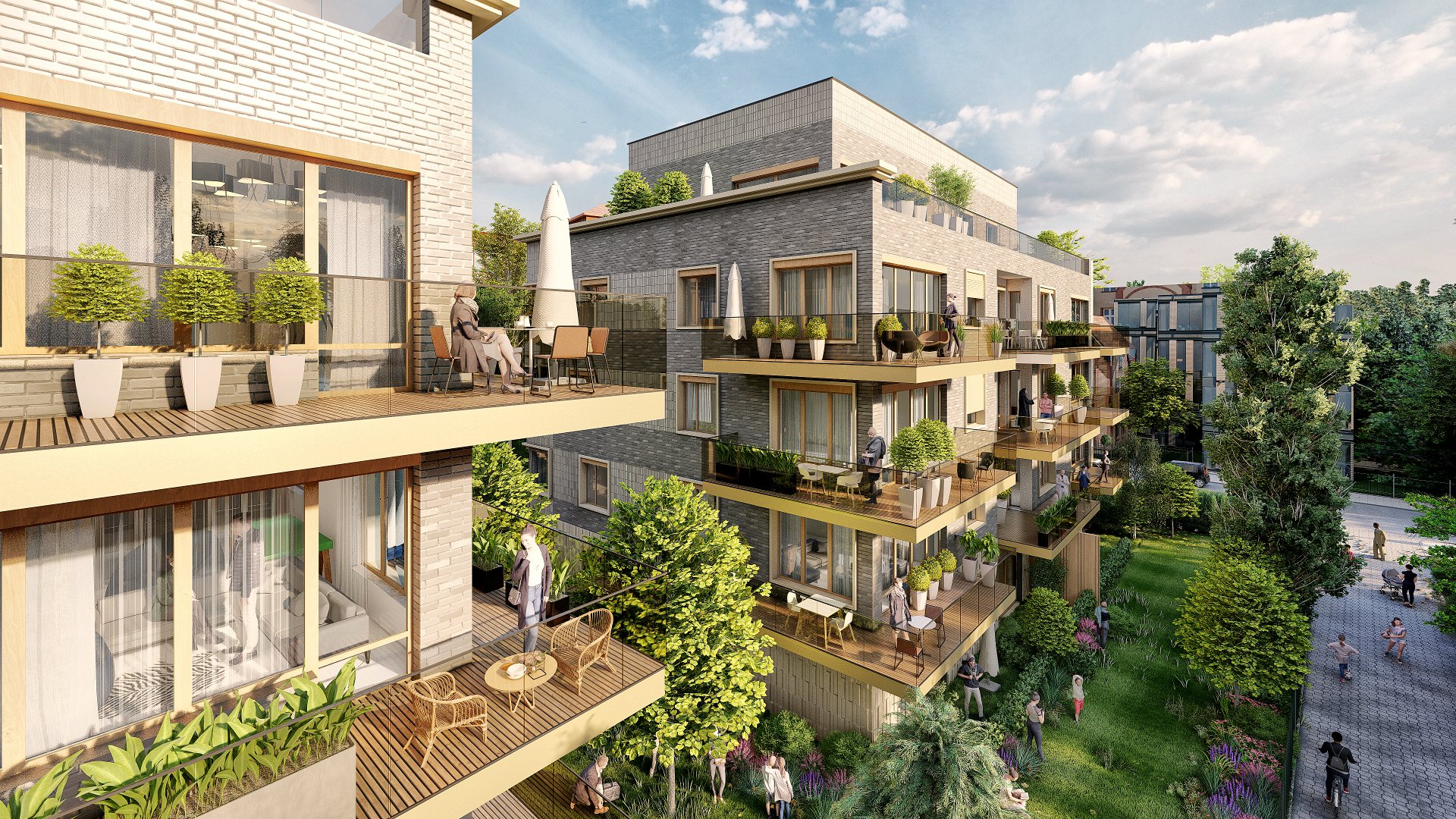 Visualisation of a new, modern residential complex. Buildings full of greenery and trees around. Happy people on the balconies. - grafika artykułu