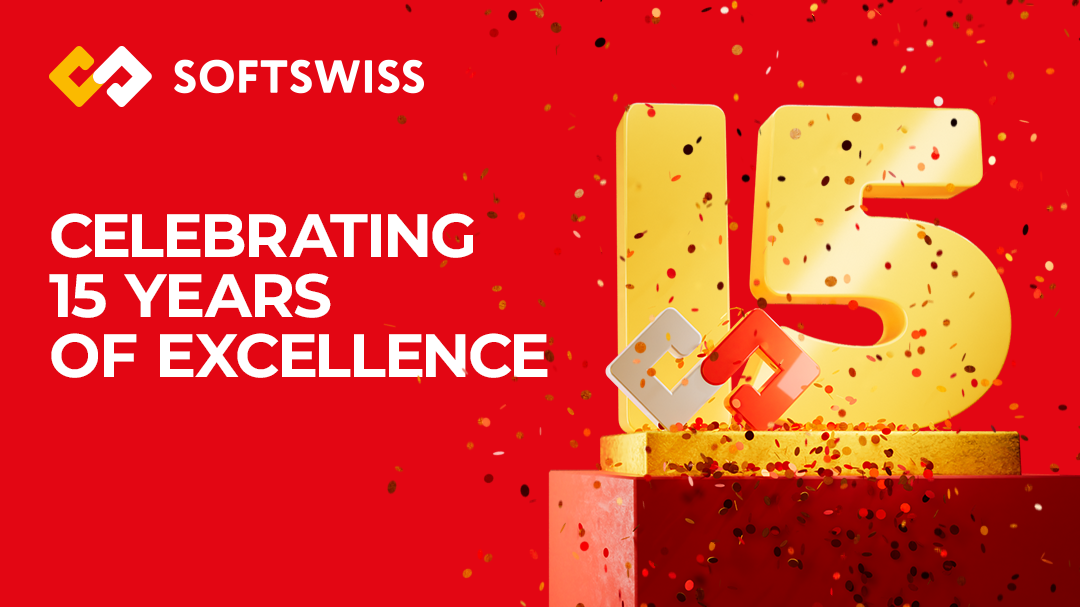 Red canva, on the left white slogan: SOFTSWISS CELEBRATING 15 YEARS OF EXCELLENCE - grafika artykułu