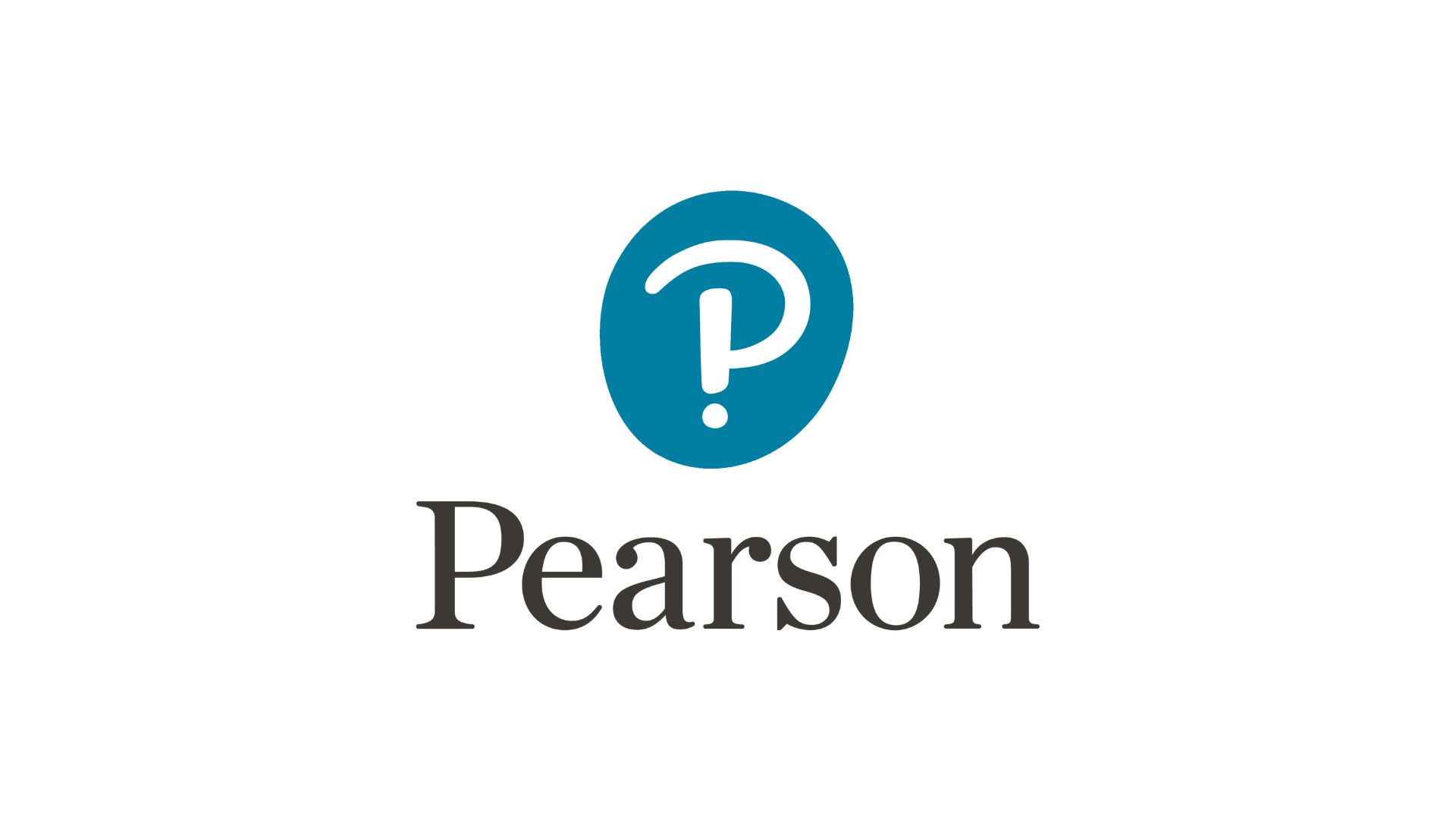 Blue oval shape, white letter "p" in the centre with a dot below, Pearson lettering at the bottom