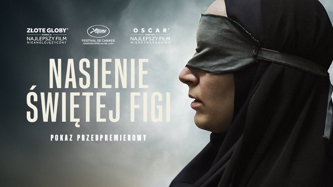 Plakat do filmu "Nasienie świętej Figi". Widać kobietę z zasłoniętymi oczami