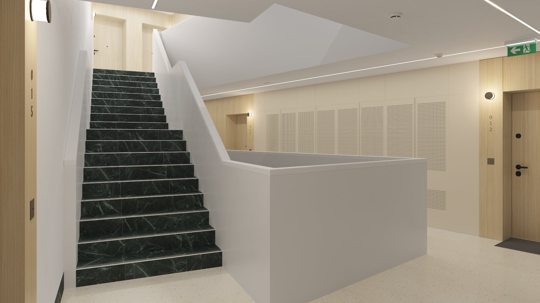 Obrazek przedstawia wizualizację klatki schodowej wewnątrz budynku Pułaskiego 19.