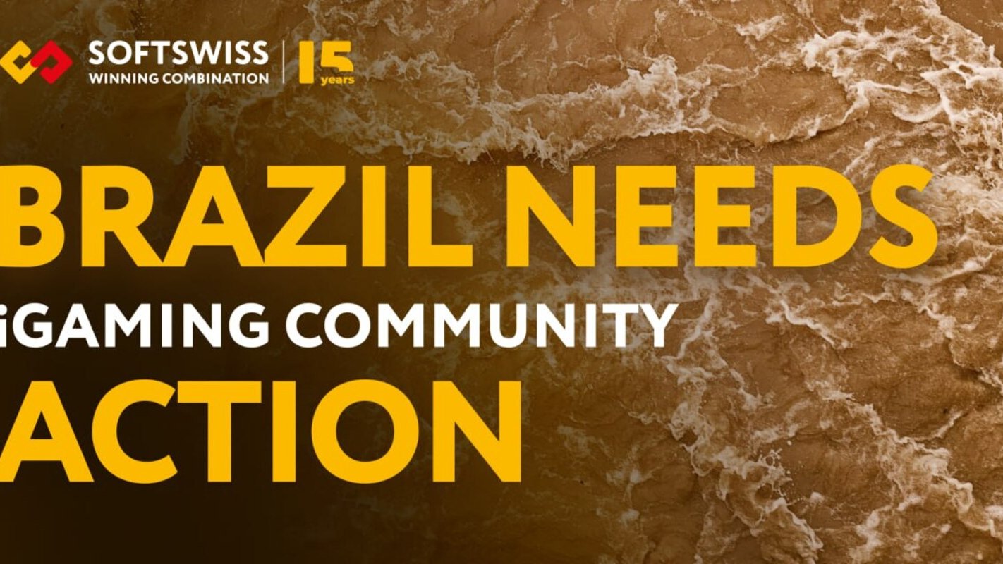 Zdjęcie plaży. Do góry logotyp firmy SOFTSWISS. Poniżej napis: Brazil needs iGaming community action.