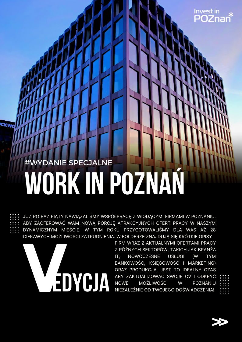 Okładka katalogu Work in Poznań 2025. W tle zdjęcie biurowca.