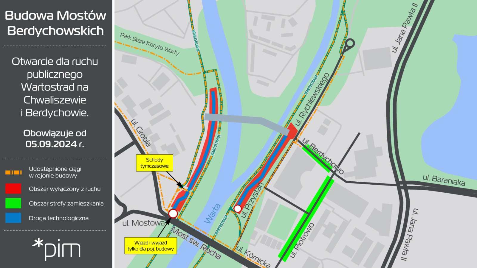 Mapa przedstawiająca ruch pieszych na Wartostradzie i Berdychowie obowiązujący od 5 września 2024 roku. - grafika artykułu