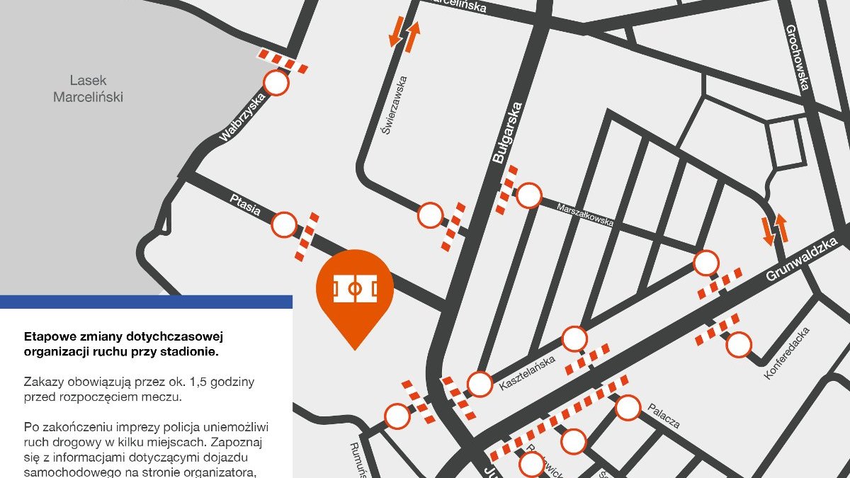 Mapka przedstwiająca opisane w tekscie zmiany w ruchu.w dniu meczu w rejonie stadionu.