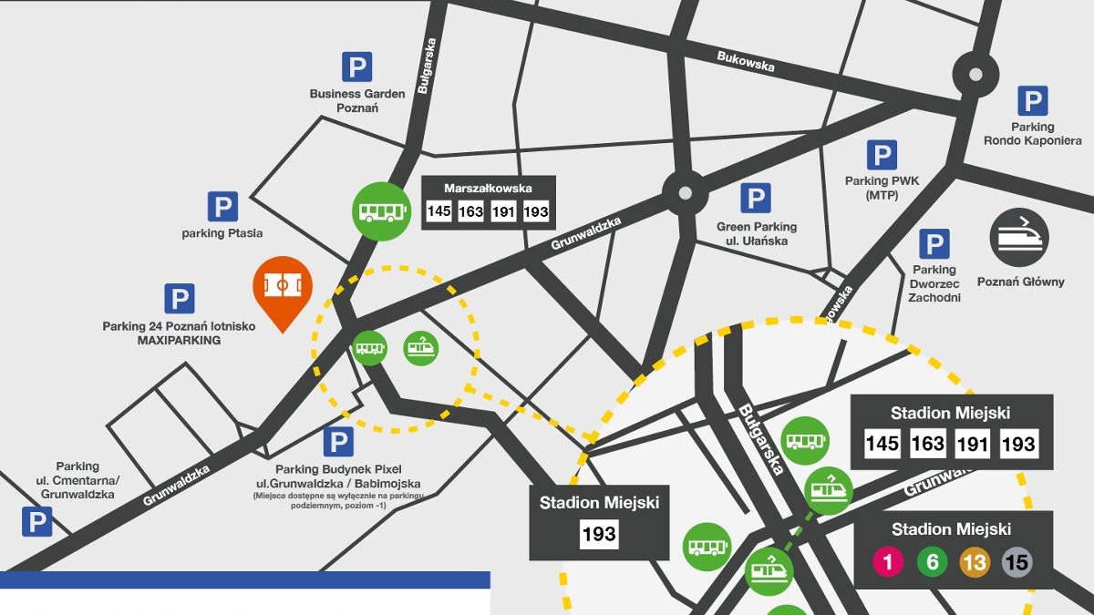 Mapka przedstawiająca, jakie linie autobusowe i tramwajowe będą jeździć komunikacją miejską w rejonie stadionu.