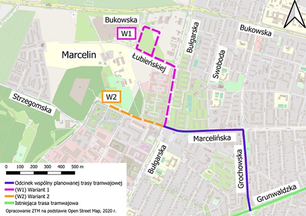 Proponowane warianty przebiegu trasy tramwajowej na Marcelin