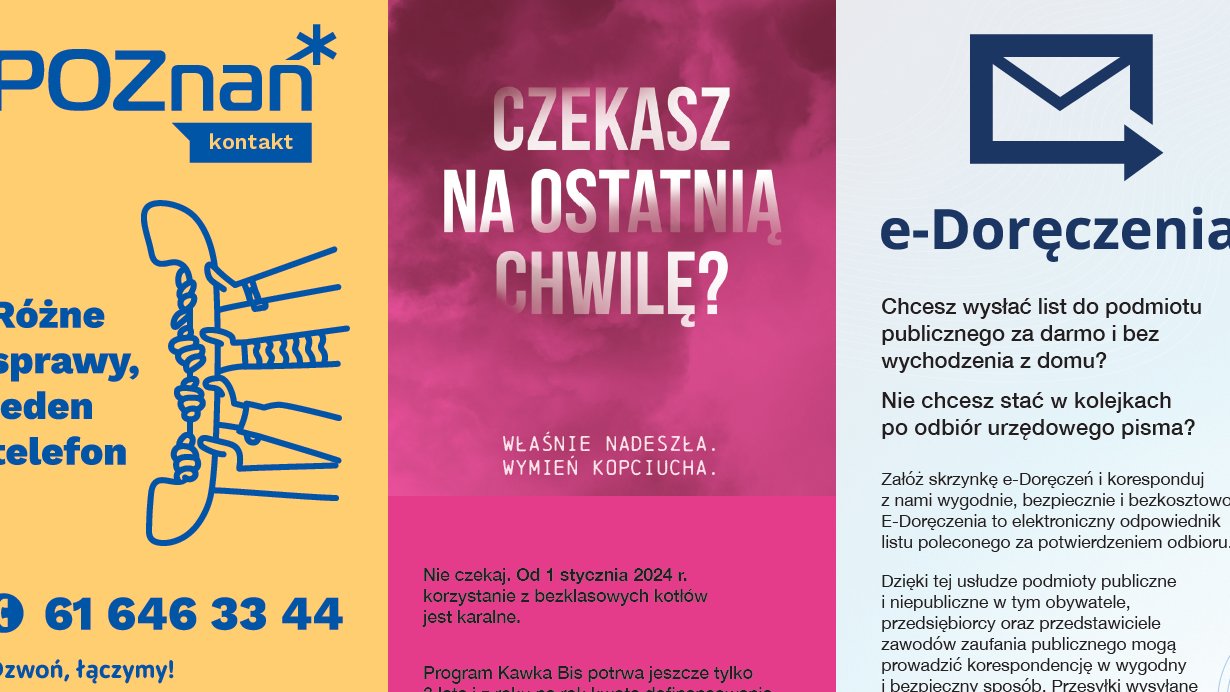 Obraz przedstawia ulotkę informacyjną dołączaną do wymiaru podatku od nieruchomości, na której znajduje się numer telefonu do Biura Poznań Kontakt i opis ważnych spraw urzędowych w bieżącym roku.