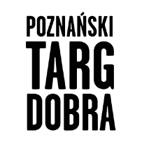 Czarny napis o treści poznański targ dobra na białym tle.