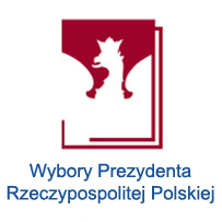 "Wybory Prezydenta Rzeczypospolitej Polskiej". Orzeł biały na czerwonym tle.