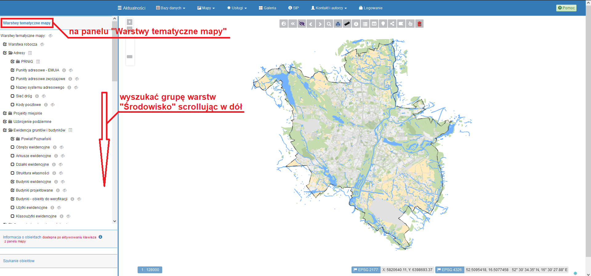 Zrzut ekranu z mapy SIP Miasta Poznania w widoku domyślnym. Pierwsze wskazówki graficzne i tekstowe dotyczące wyszukiwania warstwy "Obszary aglomeracji (dot. nieczystości ciekłych) w granicach Miasta Poznania".