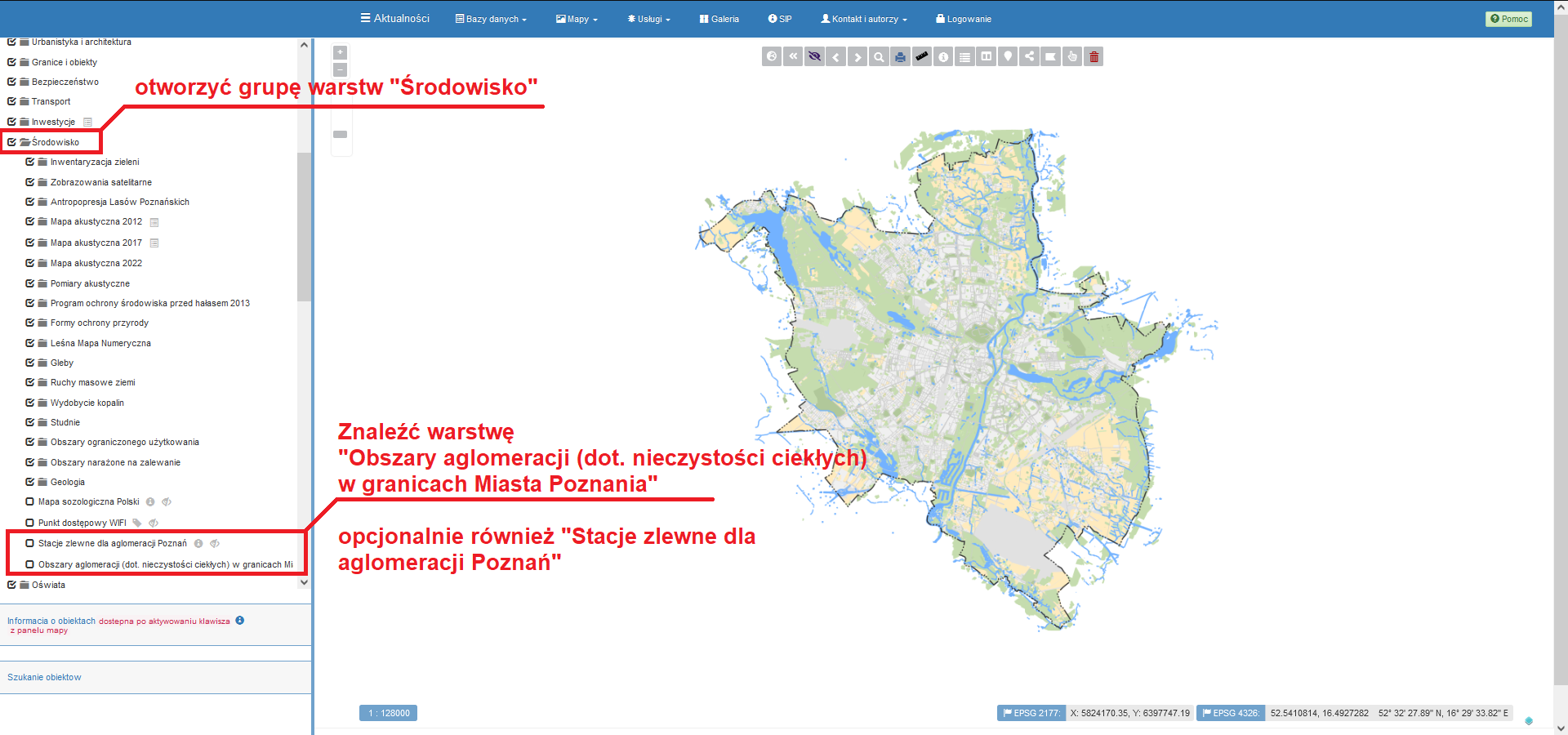 Zrzut ekranu z mapy SIP Miasta Poznania w widoku domyślnym. Kolejne wskazówki graficzne i tekstowe dotyczące wyszukiwania warstwy "Obszary aglomeracji (dot. nieczystości ciekłych) w granicach Miasta Poznania".