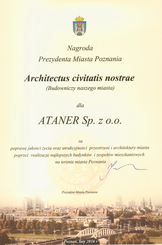 Dyplom dla firmy Ataner