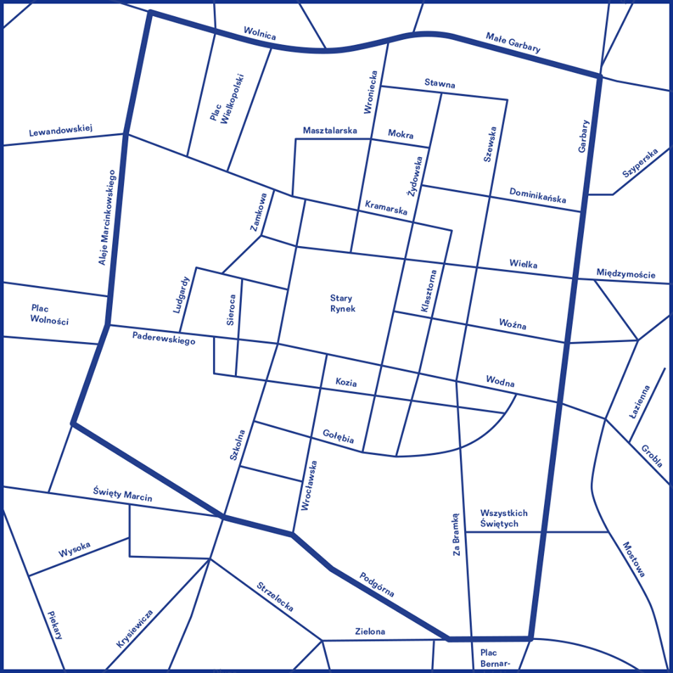 Granica parku kulturowego Stare Miasto przebiega ulicami Solną, Wolnica, Małe Gabary, Garbary, Placem Bernardyńskim, Podgórną i Alejami Marcinkowskiego