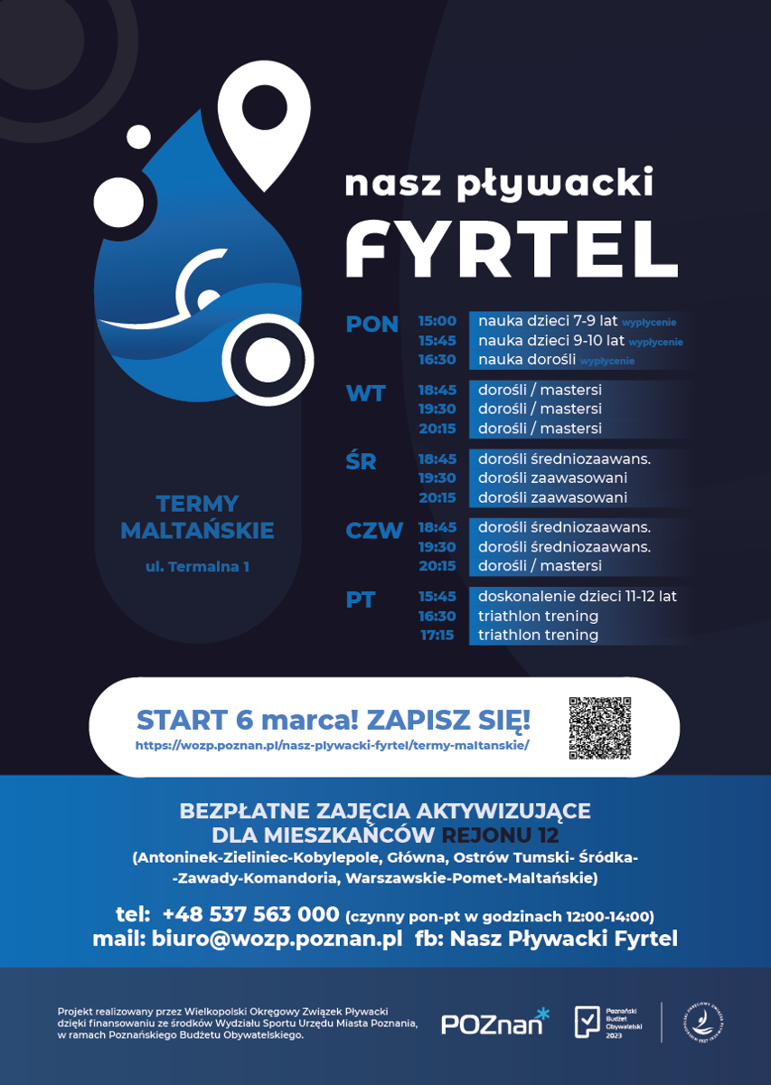 Plakat przedstawia listę zajęć proponowanych w ramach projektu Nasz Pływacki Fyrtel odbywających się na basenie Termy Maltańskie.