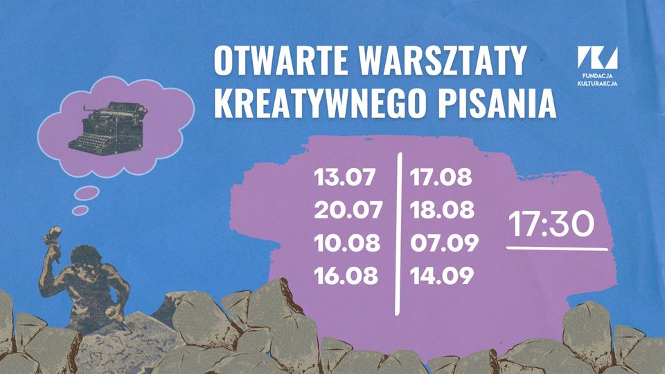 W dolnm lewym rogu mężczyzna rzeźbiący napisy w kamieniu, a nad nim chmurka jego myśli z maszyną do pisania. Obok napisy informacyjne o wydarzeniu.