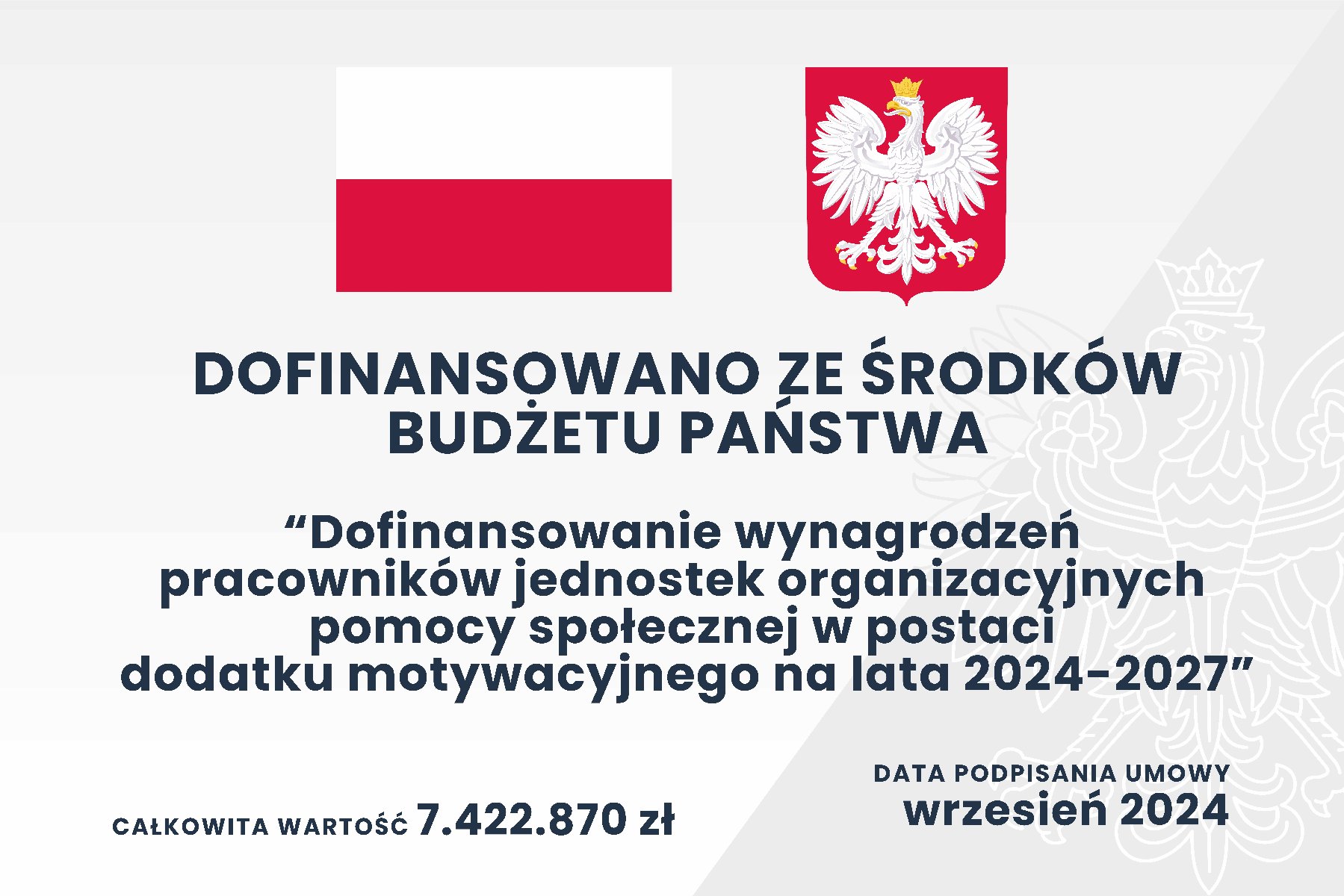 tablica informacyjna: Dofinansowanie wynagrodzeń pracowników jednostek organizacyjnych pomocy społecznej w postaci dodatku motywacyjnego na lata 2024-2027