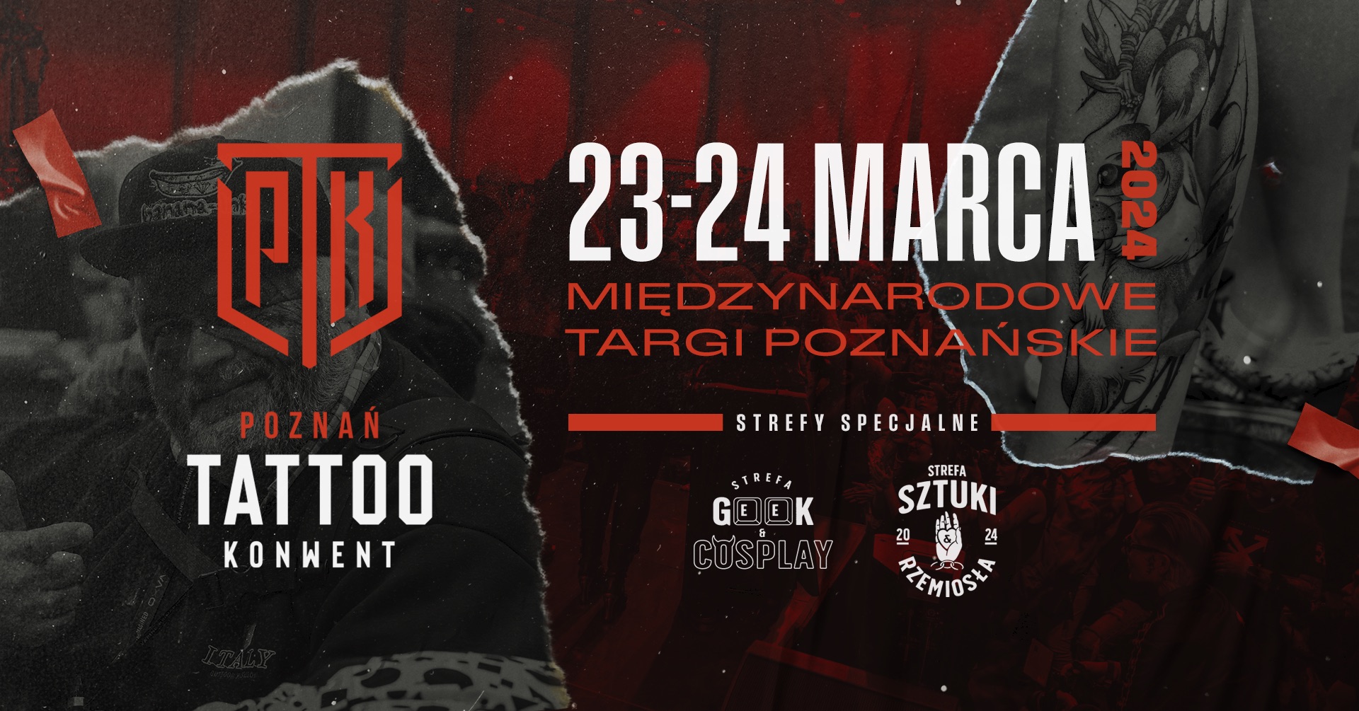 Plakat informacyjny o wydarzeniu. Napis: "23-24 marca Międzynarodowe Targi Poznańskie. Poznań Tattoo Konwent".