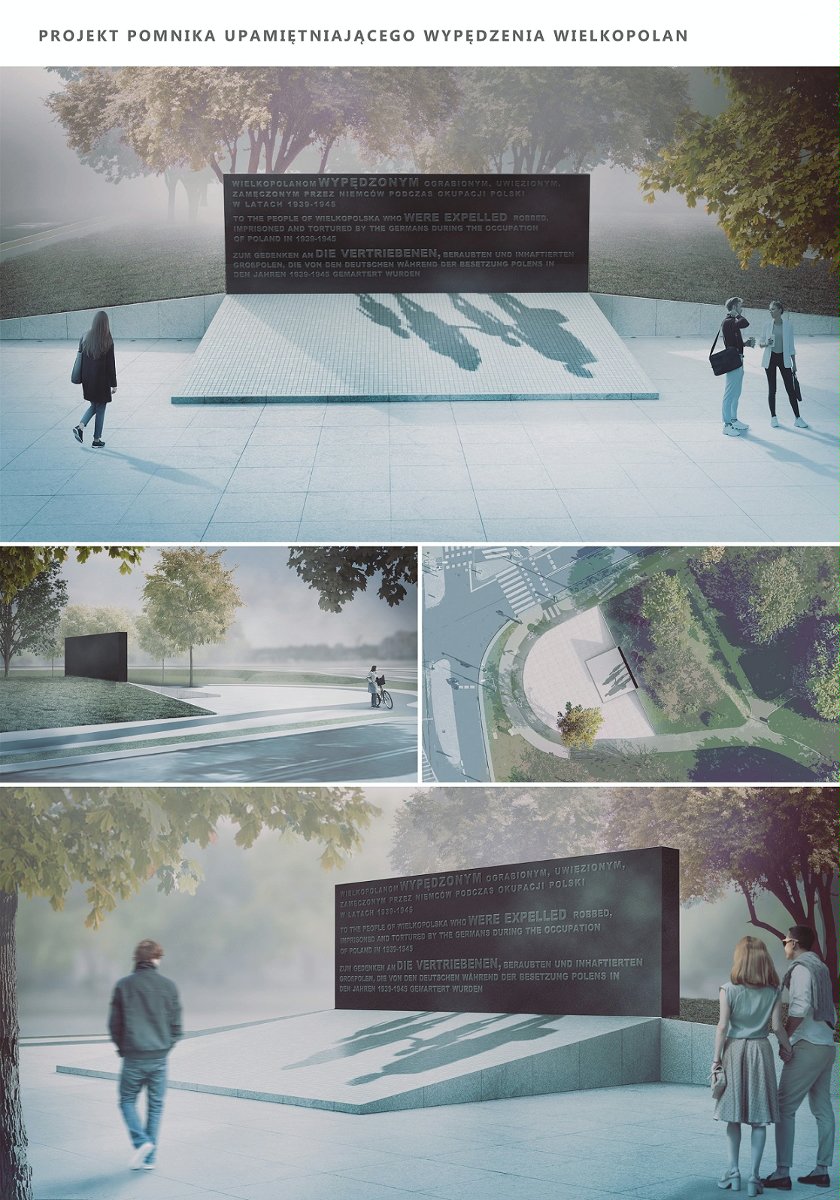 plansza konkursowa z pomnikiem - pionowa prostokątna czarna płyta z napisem, pod nią pochylona biała płyta z cieniem czterech osób.