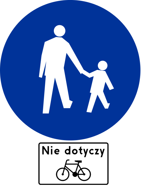 Znak drogowy C-16, czyli piktogram pieszych wpisany w niebieskie koło. Pod nim biała prostokątna tabliczka z napisem o treści Nie dotyczy i piktogramem pojazdu, roweru.