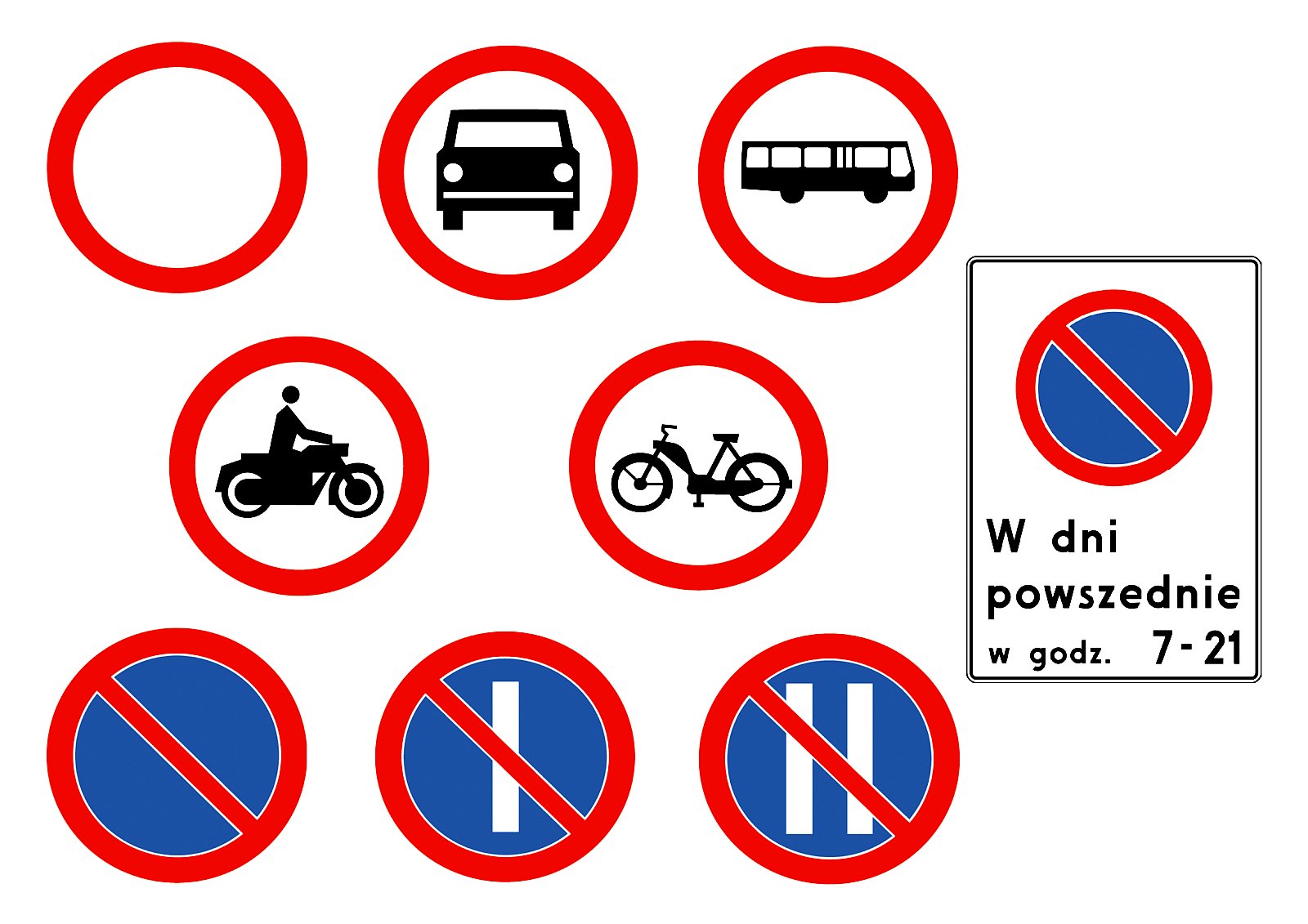 znaki zakazu, z przestrzegania których zwalnia upoważnionych "karta parkingowa..." (wzory 9 drogowych znaków zakazu zamieszczone na planszy)