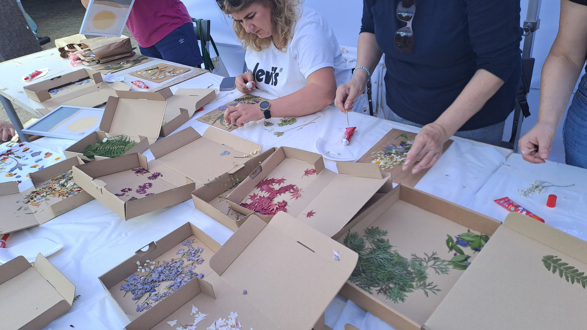 akcje edukacyjne - relacja z zielonych warsztatów w ramach "Akademii Zielony Poznań" - "Zieloni od 30 lat - jubileusz z klimatem" - 25 maja 2024 r. Park Wilsona,warsztaty "Gramy w zielone" : "Wiosenne kolaże kwiatowe" uczestnicy mogli pobudzić swoją wyobraźnię i dać upust emocjom tworząc oryginalne obrazy kwiatowe, na zdjęciu widoczni uczestnicy wykonujące swoje prace