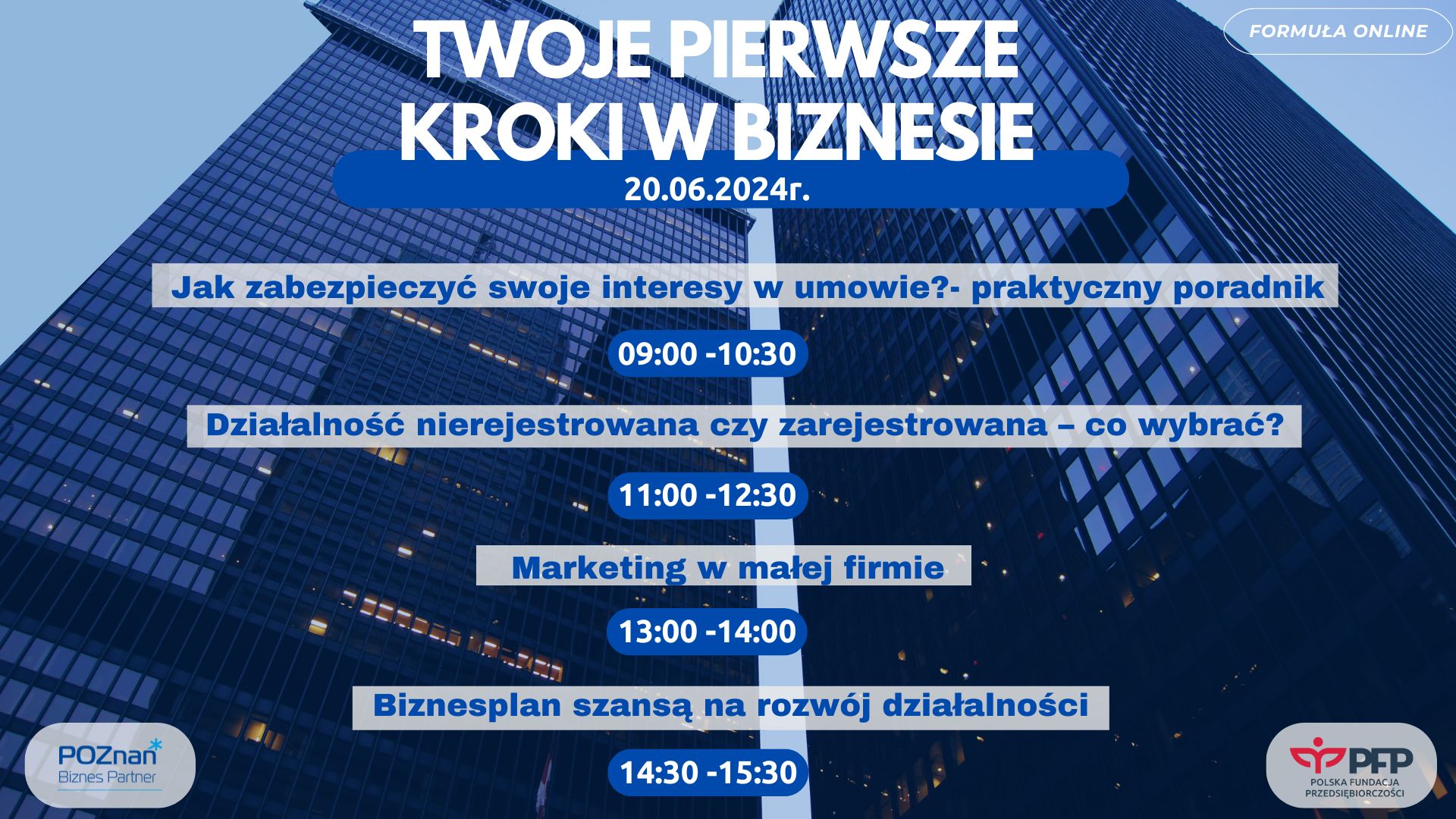 Grafika Promocyjna informująca o szkoleniach w ramach dnia tematycznego "Twoje pierwsze kroki w biznesie" - grafika artykułu