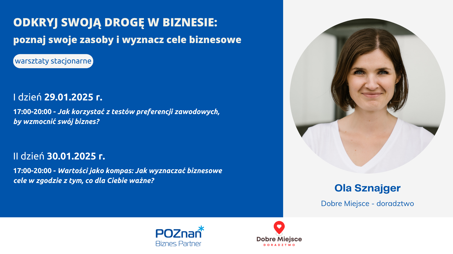 grafika promująca szkolenia dostępne w Poznań Biznes Partner, po prawej stronie zdjęcie proadzącej Oli Sznajger - grafika artykułu