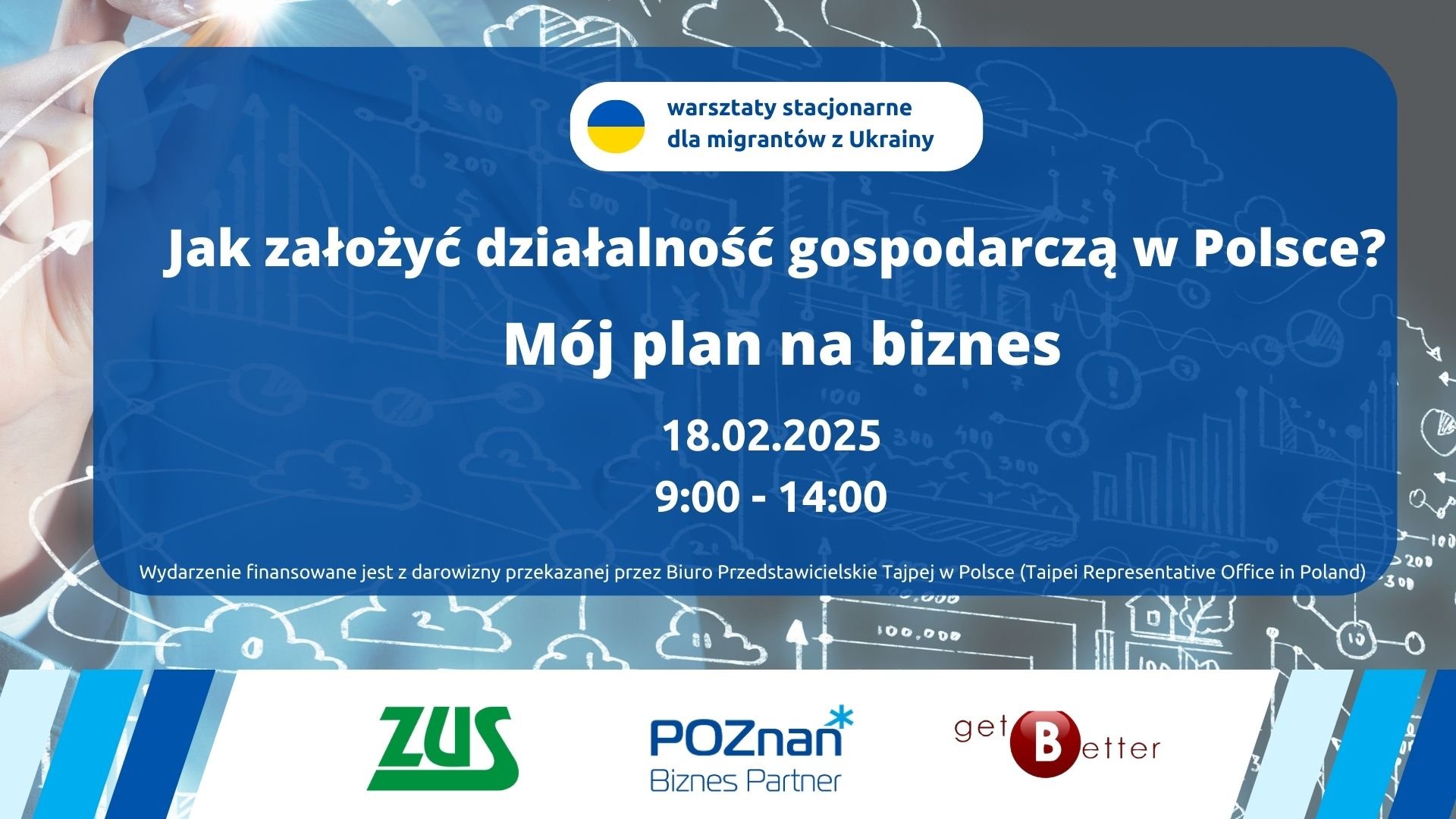 Grafika promująca wydarzenie dla obywateli i obywatelek Ukrainy. W tle ręka osoby która uzupełnia wirtualny ekran. Rysowanie schematu.