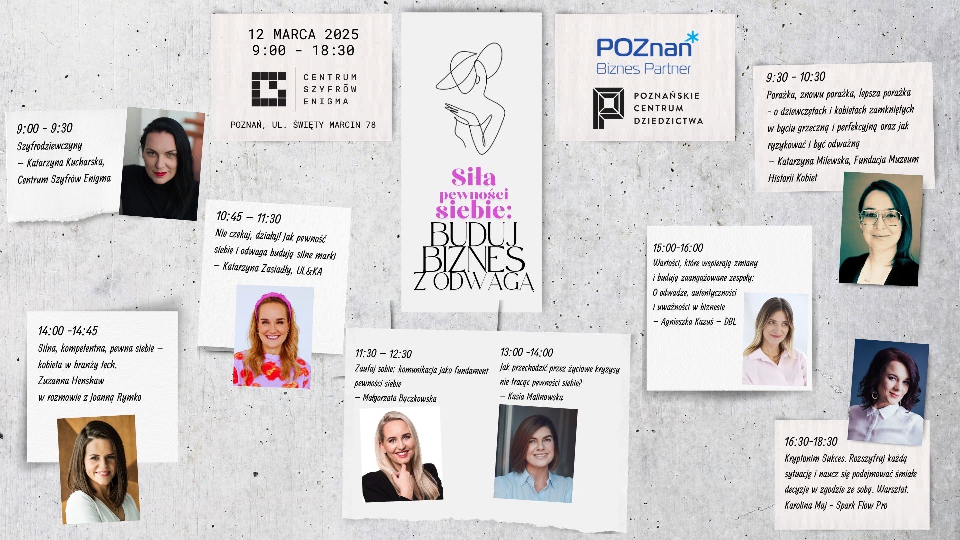 Grafika promująca konferencję. Jako logo konferencji widnieje nazwa oraz kontur kobiety w kapeluszu. Dodatkowo na grafice promocyjnej załączone są zdjęcia prelegentek - grafika artykułu