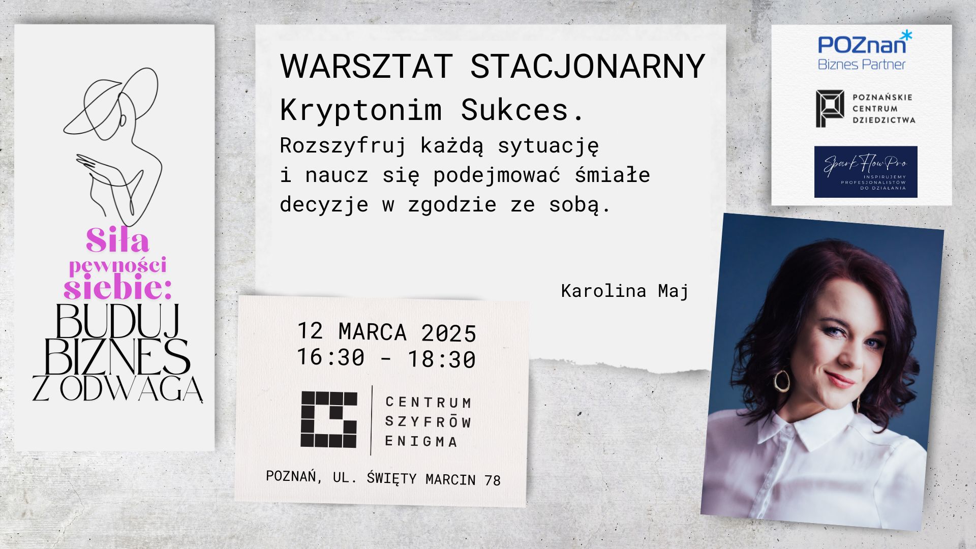 Grafika promocyjna warsztatu. Na zdjęciu logo konferencji na którym widnieje kontur kobiety w kapeluszu. Dodatkowo załączone jest zdjęcie kobiety prowadzącej warsztat. - grafika artykułu