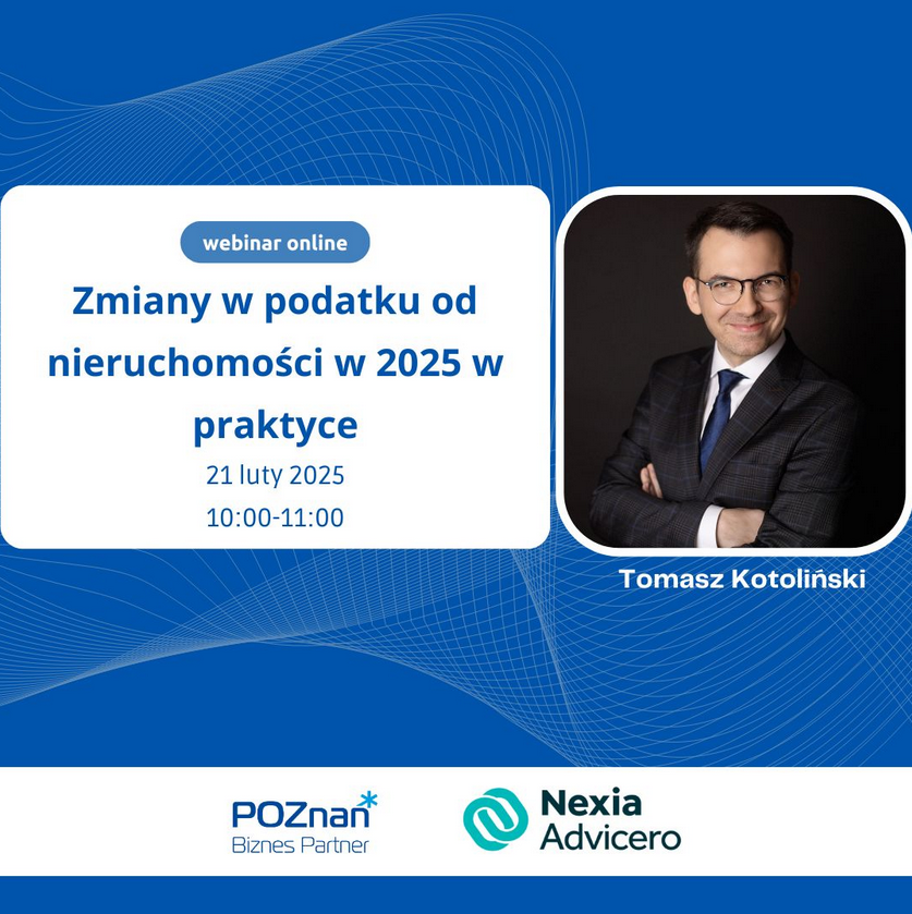 Grafika promocyjna szkolenie na grantowym tle. Na obrazku zdjęcie prowadzącego szkolenie w czarnym garniturze. Mężczyzna jest uśmiechnęty - grafika artykułu